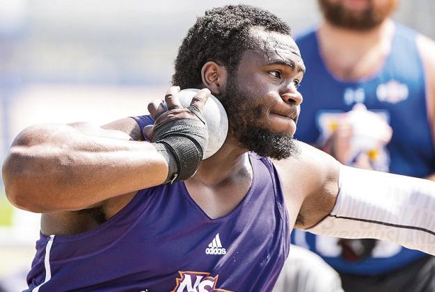 After winning the javelin June 21, Djimon Gumbs came back the next day and won the shot put, posting an all-comers record with a toss of 19.50 at the BVI Championships. Photo by Southland Conference