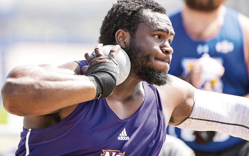 After winning the javelin June 21, Djimon Gumbs came back the next day and won the shot put, posting an all-comers record with a toss of 19.50 at the BVI Championships. Photo by Southland Conference